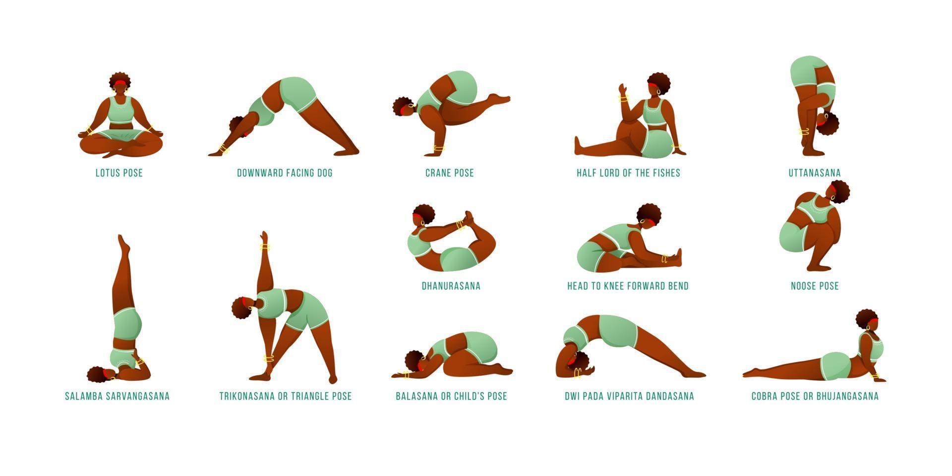 yoga houdingen platte vector illustraties set. Afro-Amerikaanse, donkere vrouwen die yogahoudingen uitvoeren. vrouwelijke figuren die asana's doen, fysieke oefeningen. training, fitness. geïsoleerde stripfiguur