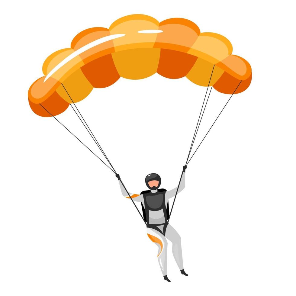 parachutespringen platte vectorillustratie. parachutespringen, paragliding ervaring. extreme sporten. actieve levensstijl. buitenactiviteiten. sportman met parachute geïsoleerd stripfiguur op witte achtergrond vector