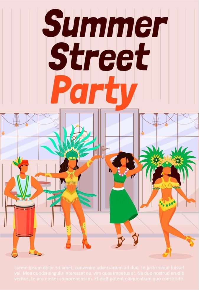 zomer straatfeest poster platte vector sjabloon. dansende vrouwen in traditionele kleding. man die conga speelt. samba. brochure, boekje één pagina conceptontwerp met stripfiguren. carnaval flyer, folder