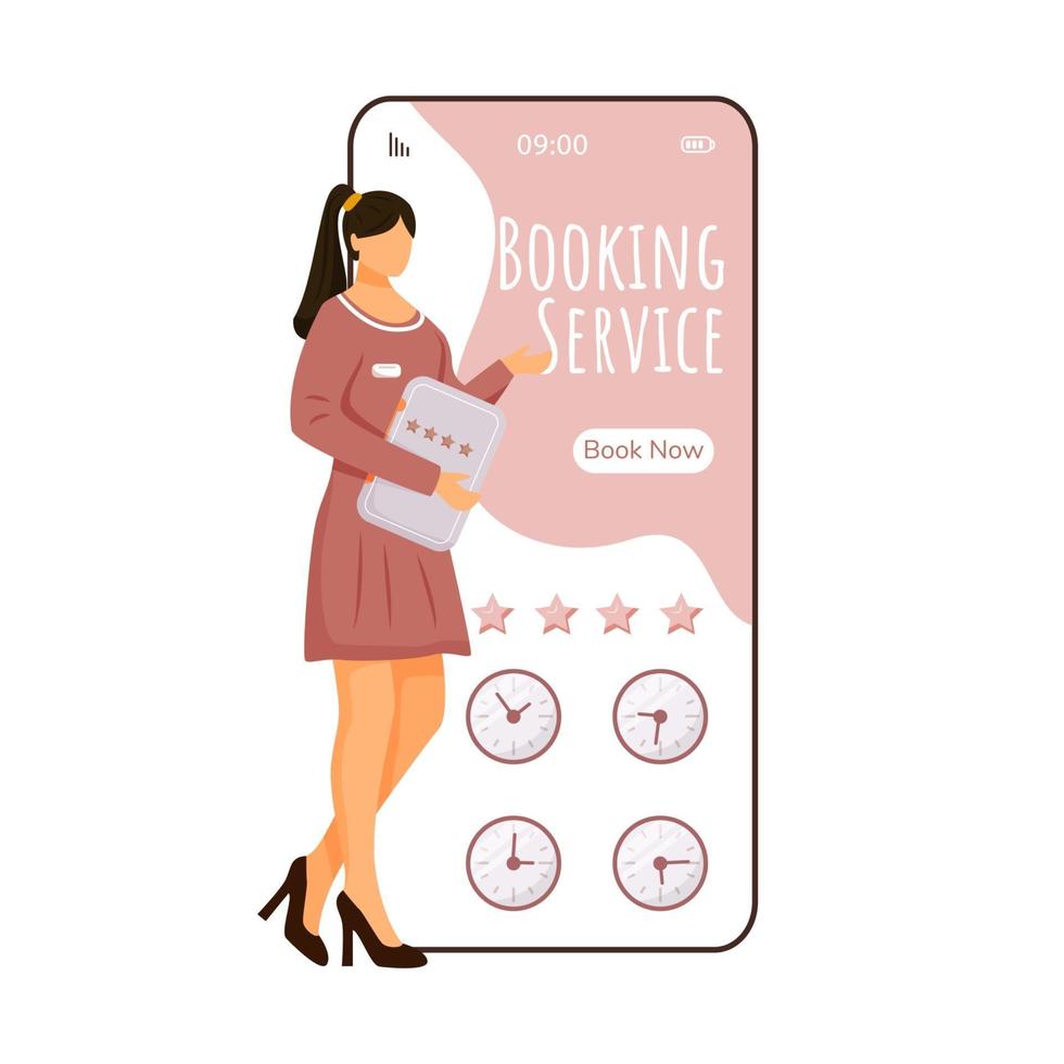 boeking service cartoon smartphone vector app scherm. display voor mobiele telefoons met mockup voor platte managerkarakterontwerp. Kamer reservatie. hotelbeoordeling applicatie telefoon interface