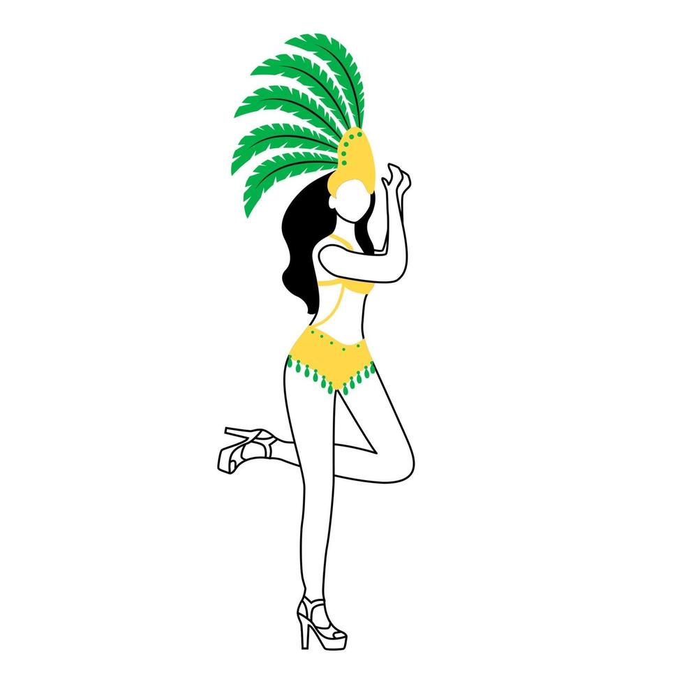 Braziliaanse carnaval performer platte silhouet vectorillustratie. wijfje in bikini 2d geïsoleerd overzichtskarakter op witte achtergrond. traditionele slijtage. vrouw in kroon met verenkleed eenvoudige stijltekening vector