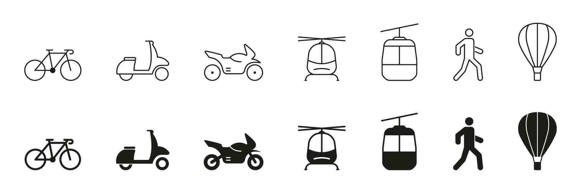 vervoer modi lijn en silhouet icoon set. fiets, motorfiets, bromfiets, kabel auto, voetganger, helikopter pictogram. verkeer teken verzameling. voertuig symbolen. geïsoleerd vector illustratie.