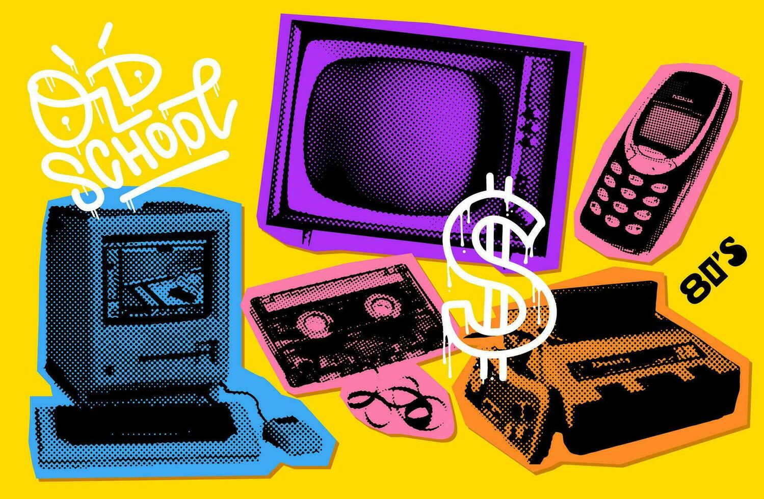 90s - y2k collage mond reeks met grunge wijnoogst elektronisch elementen - mobiel telefoon, TV, spel troosten, muziek- cassette. halftone effect vector illustratie