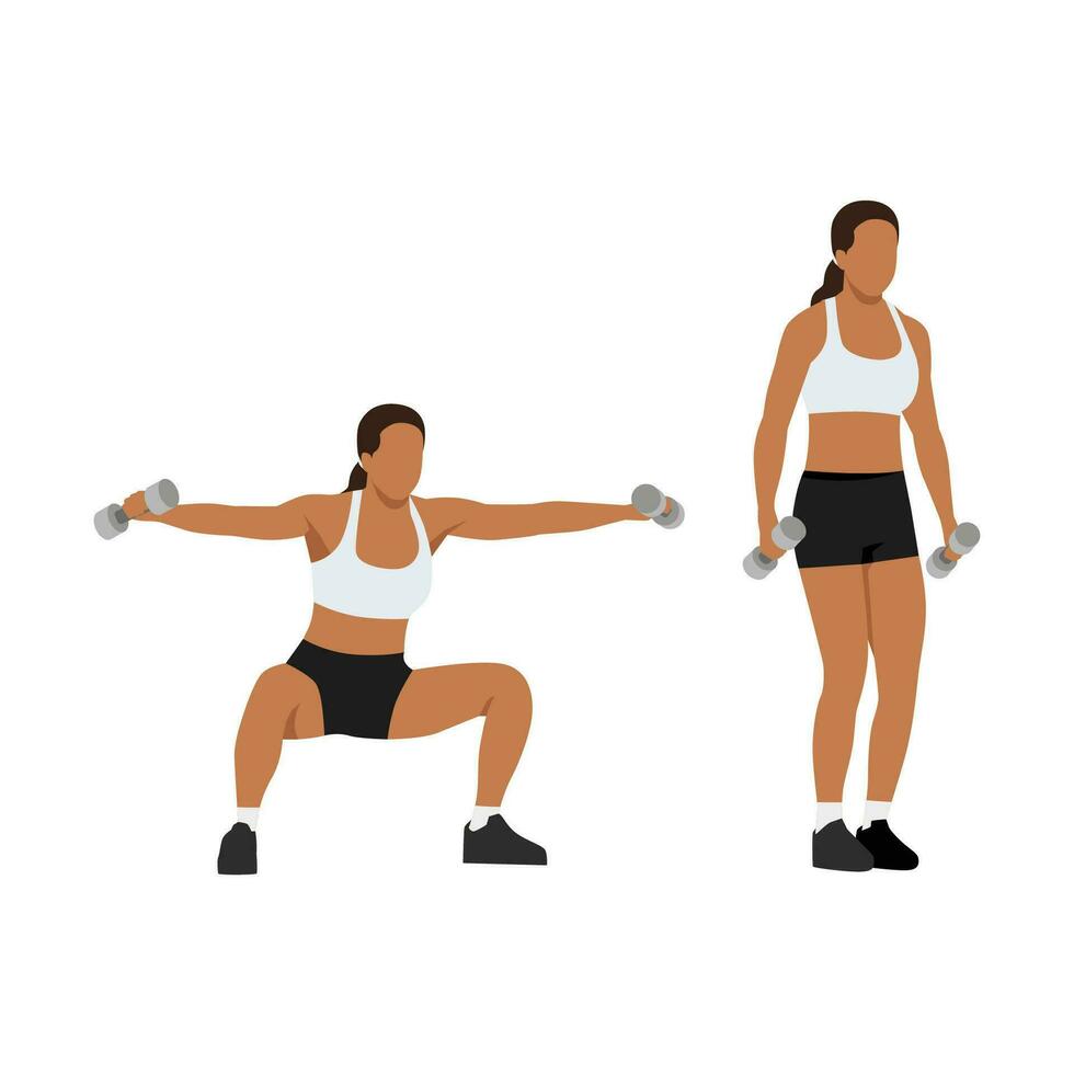 vrouw aan het doen breed knal hurken met lateraal verhogen oefening. vlak vector illustratie geïsoleerd Aan wit achtergrond