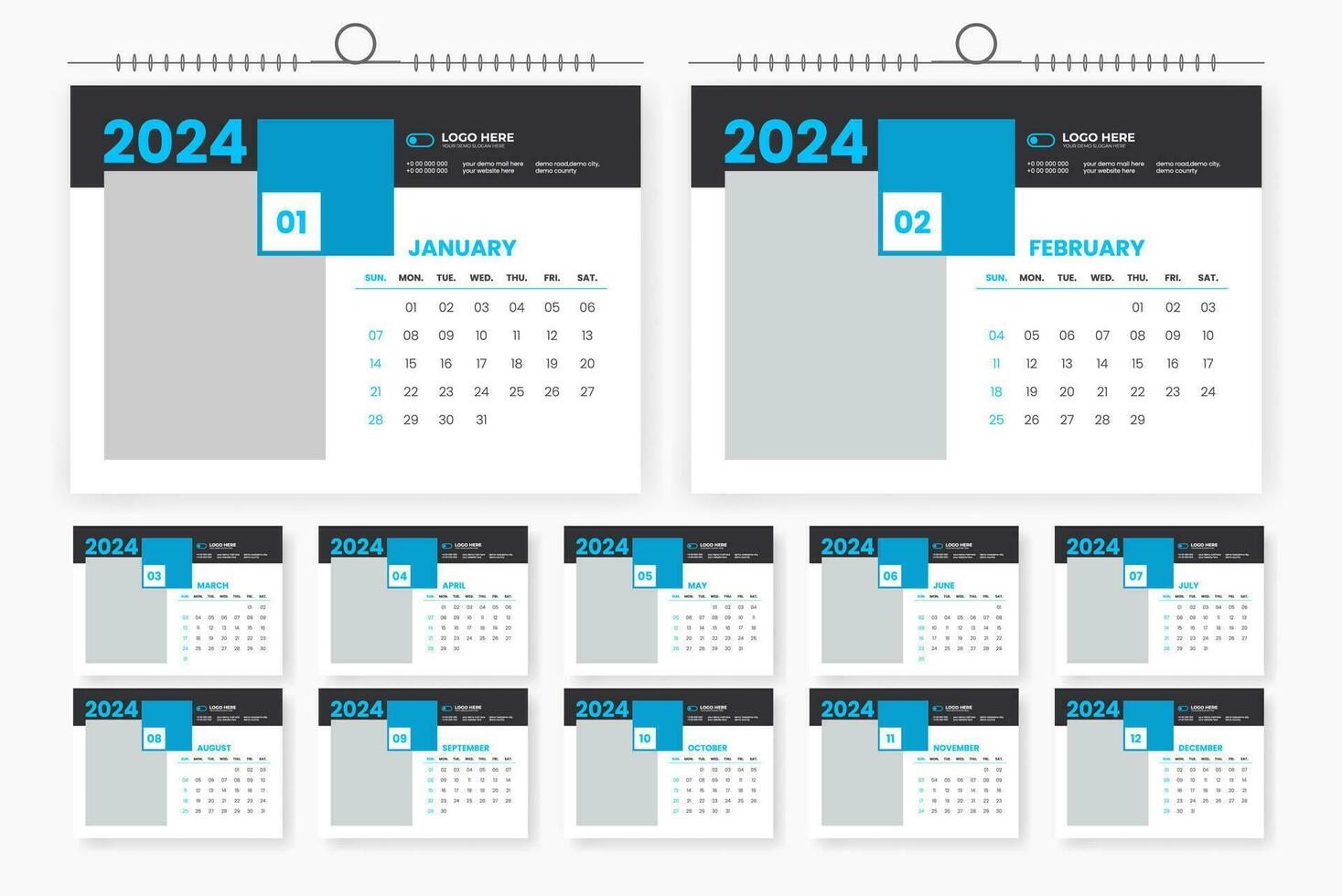 2024 bureau kalender ontwerp 12 bladzijde kalender sjabloon vector