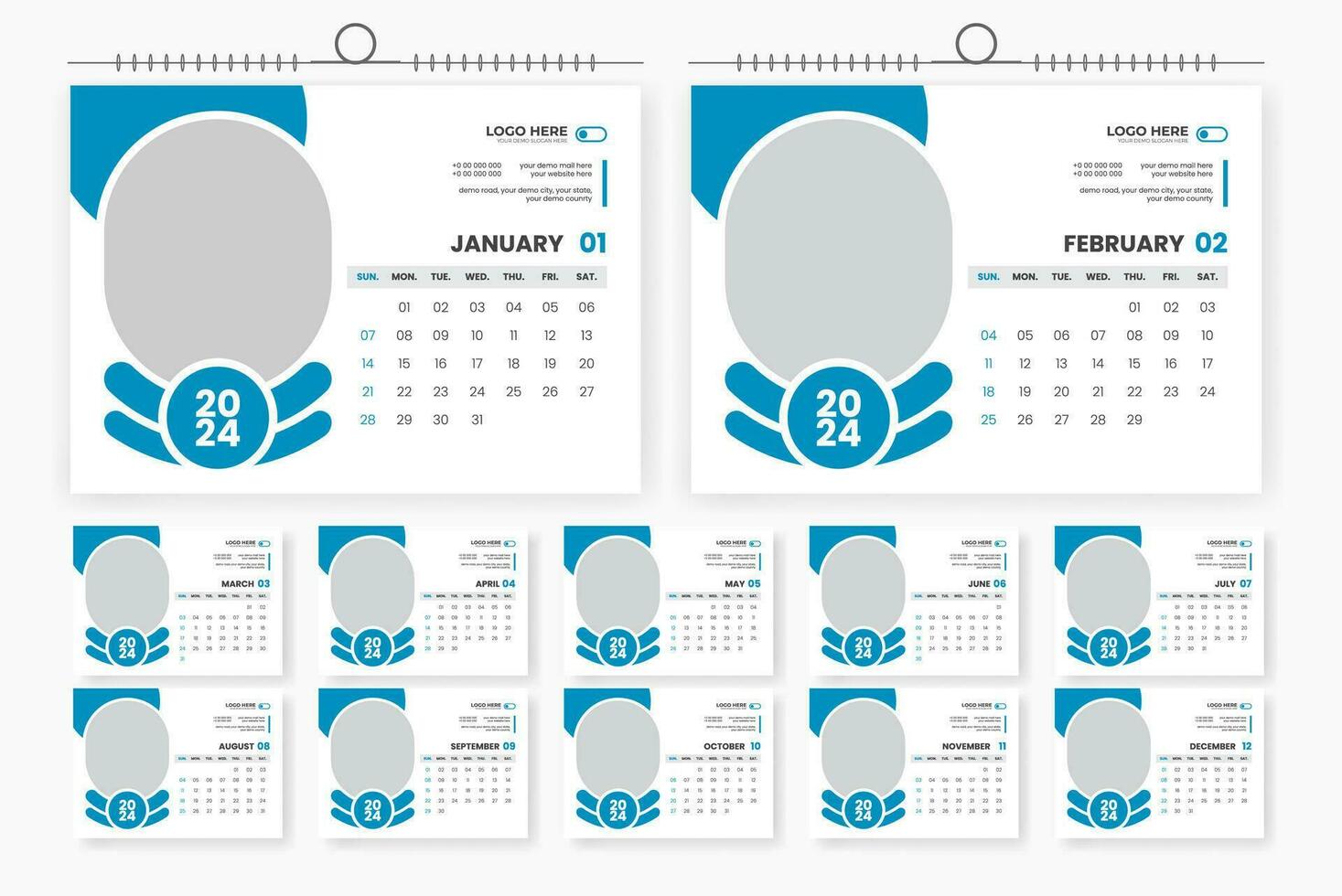 2024 bureau kalender ontwerp 12 bladzijde kalender sjabloon vector