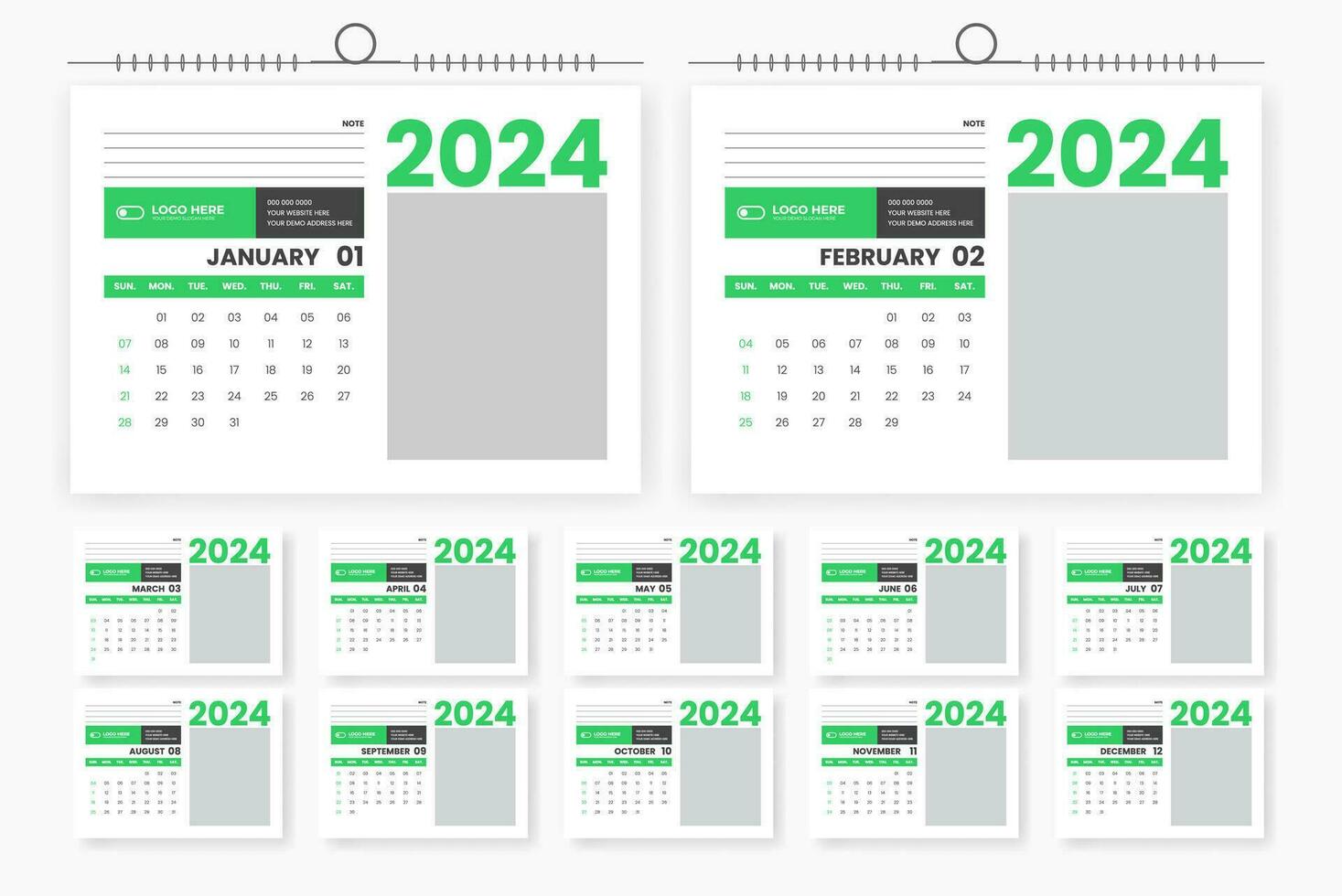 2024 bureau kalender ontwerp 12 bladzijde kalender sjabloon vector