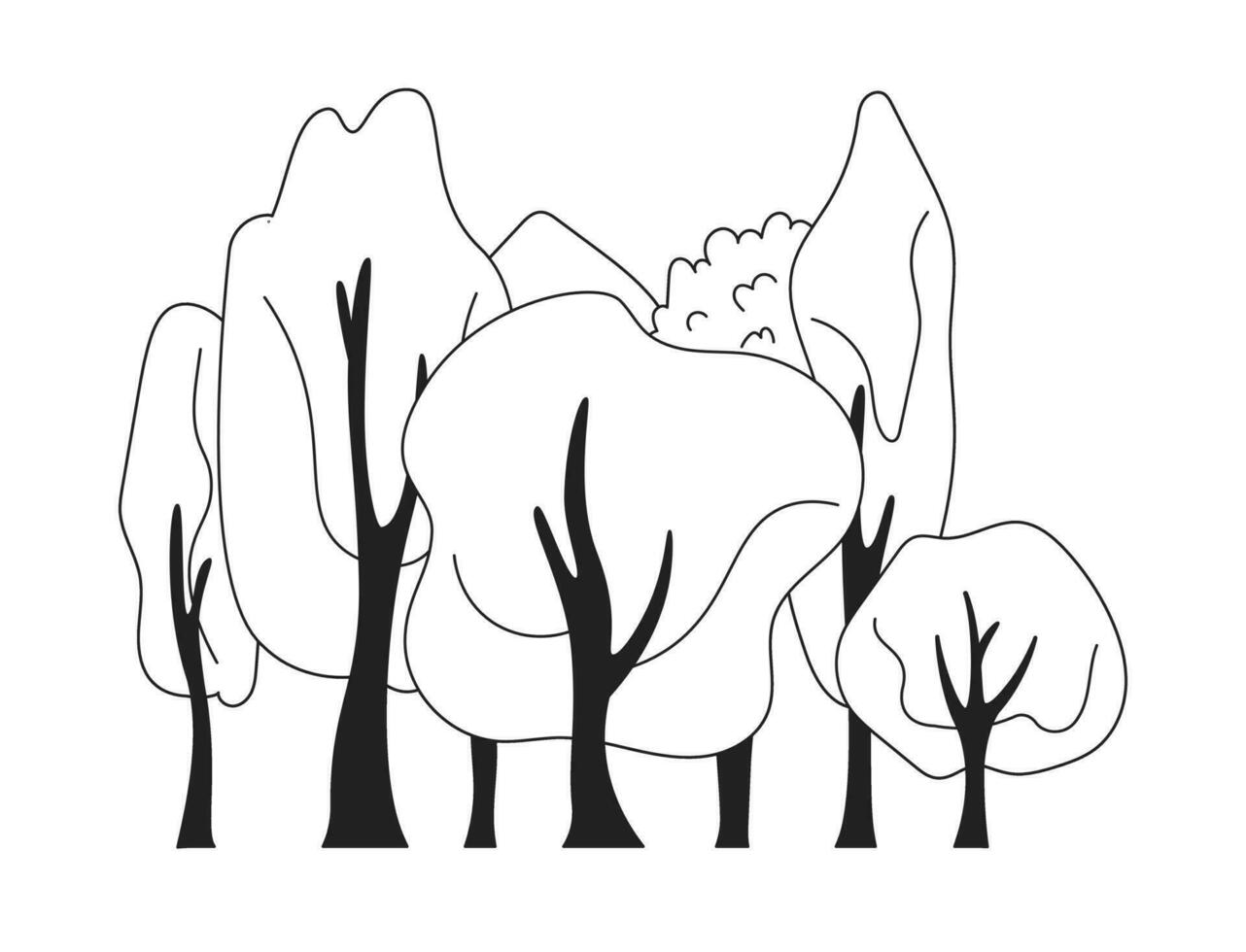 Woud monochroom vlak vector voorwerp. omgeving. bos- met bomen. bewerkbare zwart en wit dun lijn icoon. gemakkelijk tekenfilm klem kunst plek illustratie voor web grafisch ontwerp