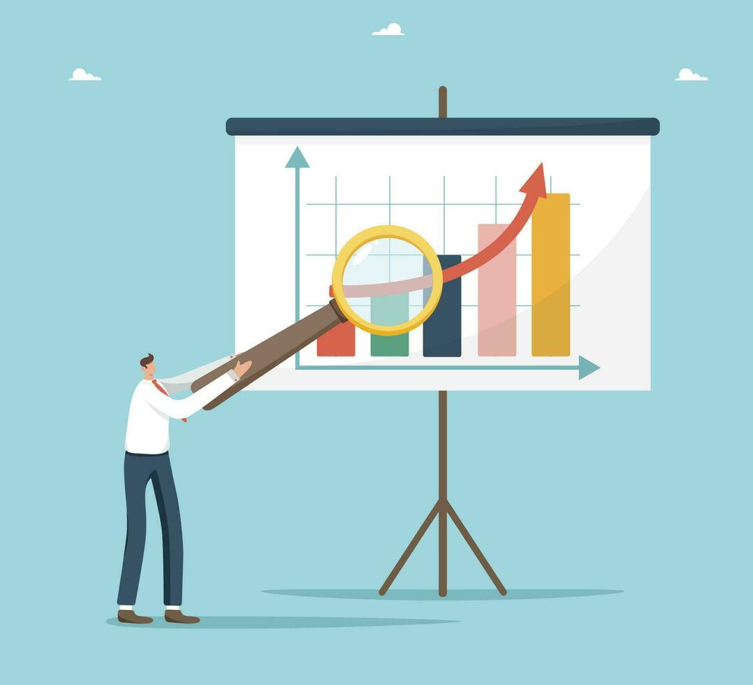 analyse van inkomen en onkosten onderneming, beoordeling van winstgevendheid en investering aantrekkelijkheid, economisch berekening van prestatie indicatoren bedrijf, Mens met vergrootglas in de buurt bord met grafiek. vector