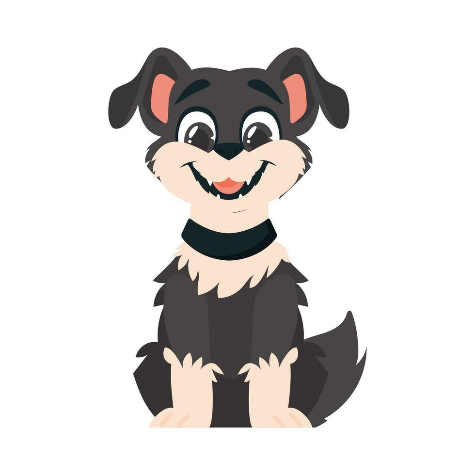 grappig zwart hond. glimlachen hond. tekenfilm stijl, vector illustratie