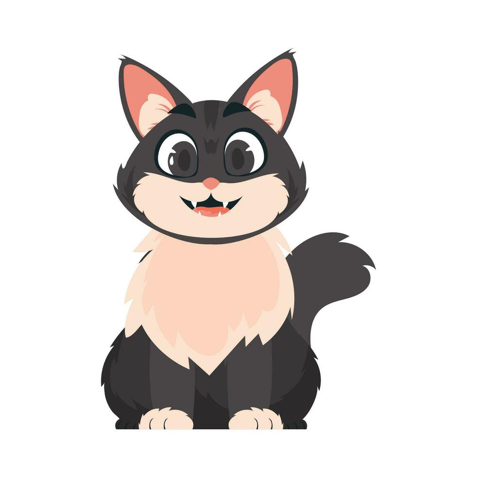 grappig zwart kat. glimlachen katje. tekenfilm stijl, vector illustratie