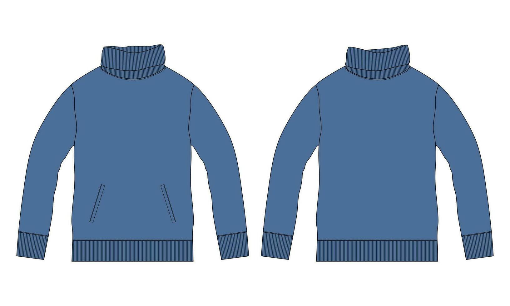 lang mouw sweater met staan omhoog halsband technisch tekening mode vlak schetsen vector illustratie sjabloon voorkant en terug keer bekeken