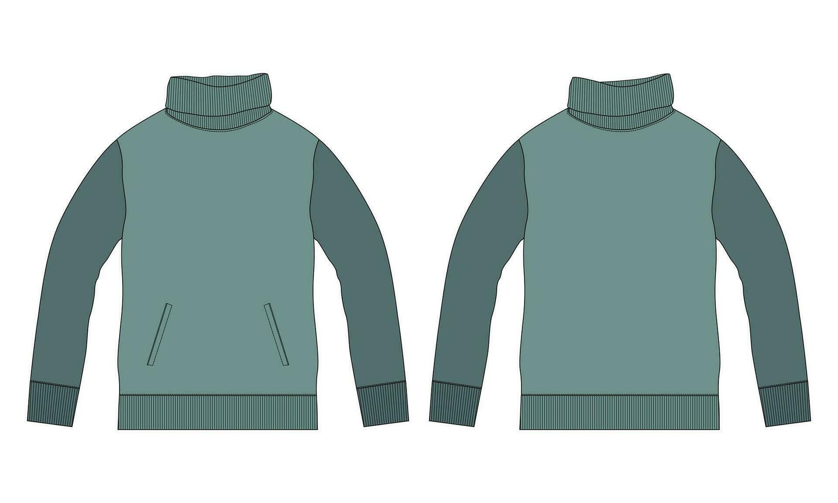 lang mouw sweater met staan omhoog halsband technisch tekening mode vlak schetsen vector illustratie sjabloon voorkant en terug keer bekeken