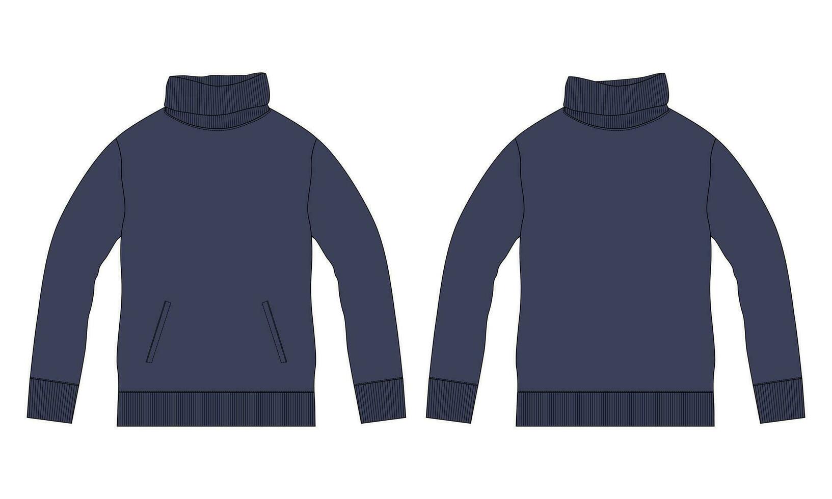 lang mouw sweater met staan omhoog halsband technisch tekening mode vlak schetsen vector illustratie sjabloon voorkant en terug keer bekeken