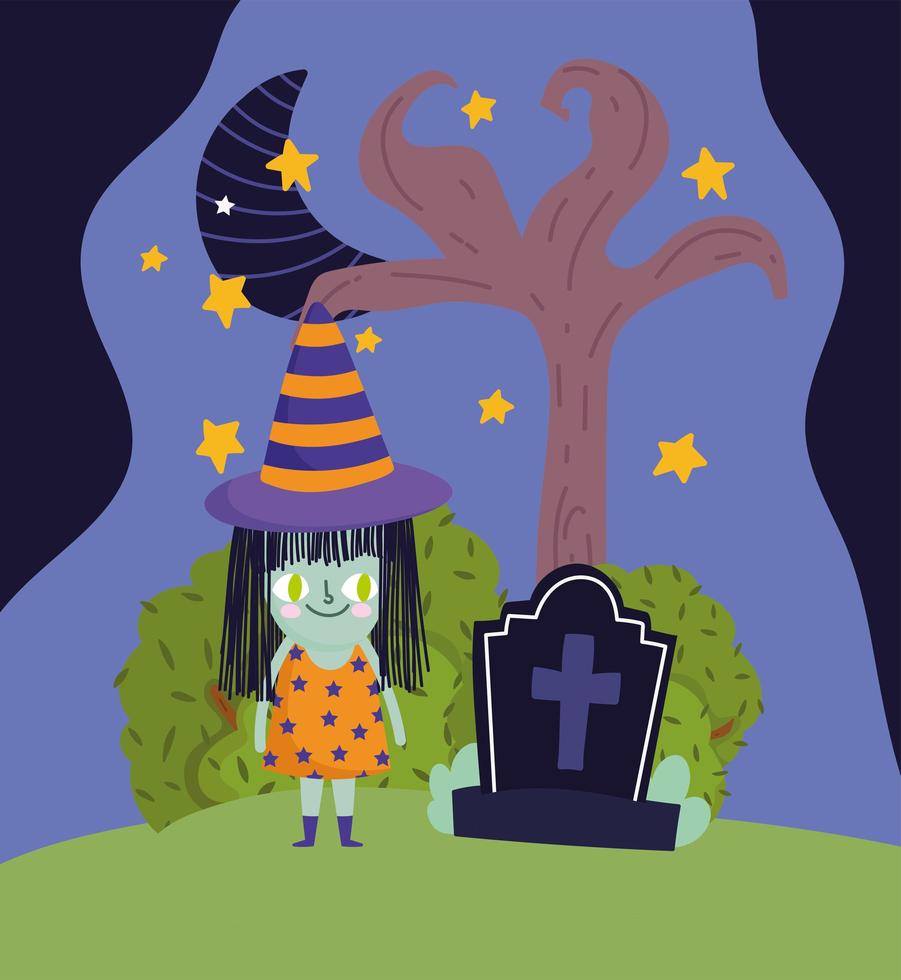 gelukkig halloween, meisje met heksenkostuum grafsteen nachtelijke hemel trick or treat feestviering vector