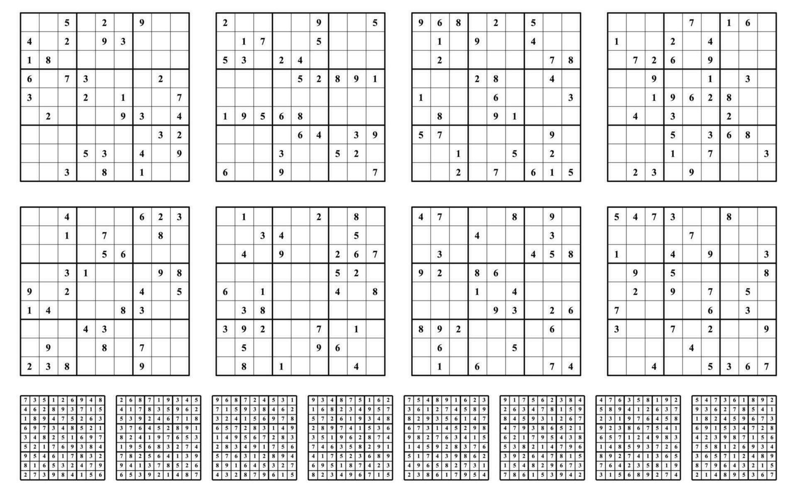 sudoku spel reeks met antwoorden. gemakkelijk vector ontwerp, blanco sjabloon