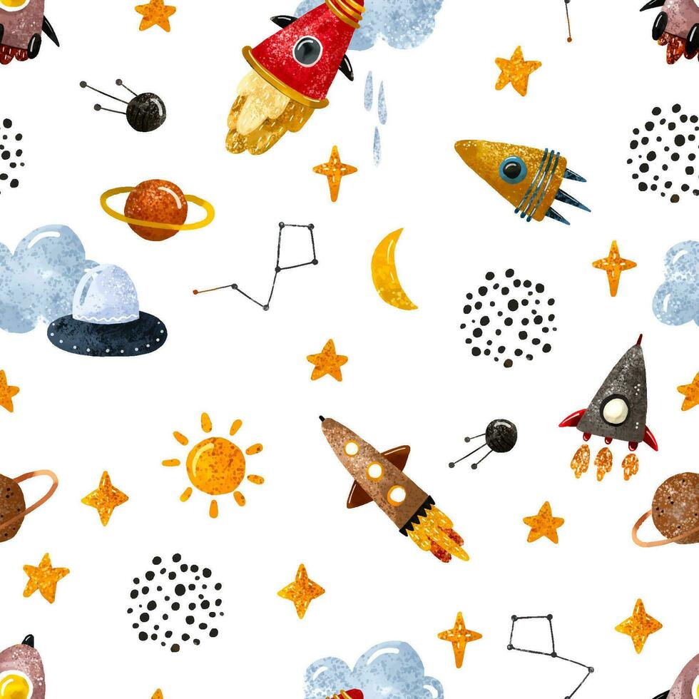 hand- getrokken ruimte naadloos patroon. ruimte achtergrond. ruimte tekening kinderlijk illustratie. eindeloos patroon met tekenfilm ruimte raketten, planeten, sterren, maan, wolken, zonne- systeem, ufo vector