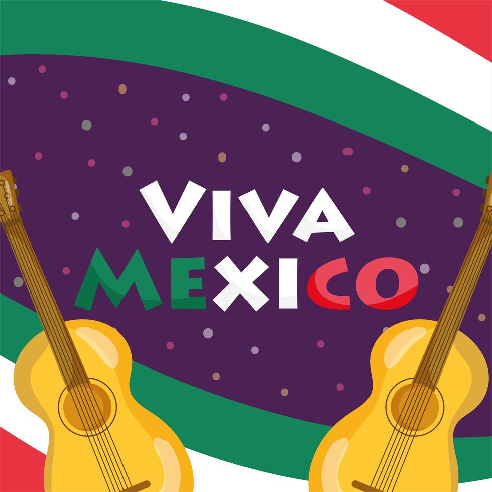 mexicaanse onafhankelijkheidsdag, gitaren vlag gestippelde achtergrond, viva mexico wordt gevierd op september vector