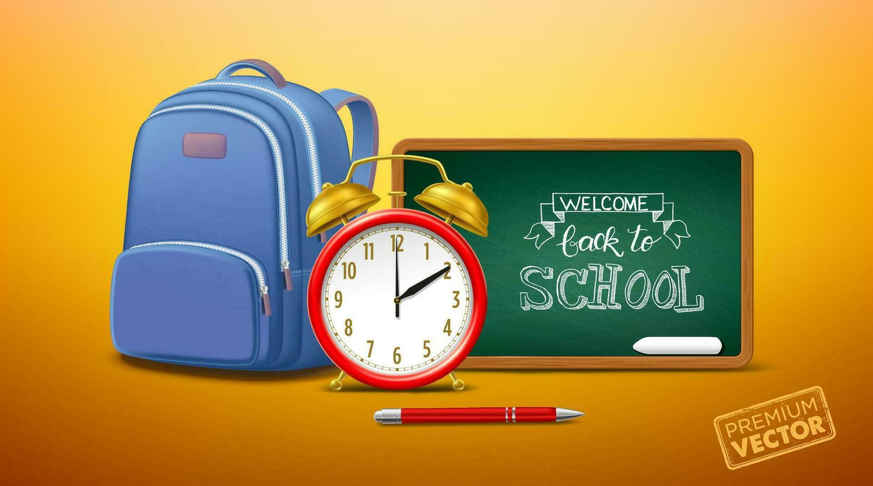 alarm klok, school- schoolbord, school- tas, terug naar school- potlood vector