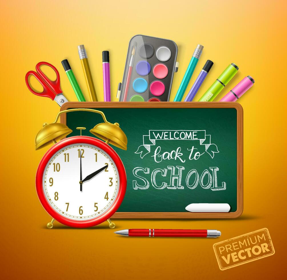 terug naar school- alarm klok, school- schoolbord, vector waterverf schaar pen markeerstift