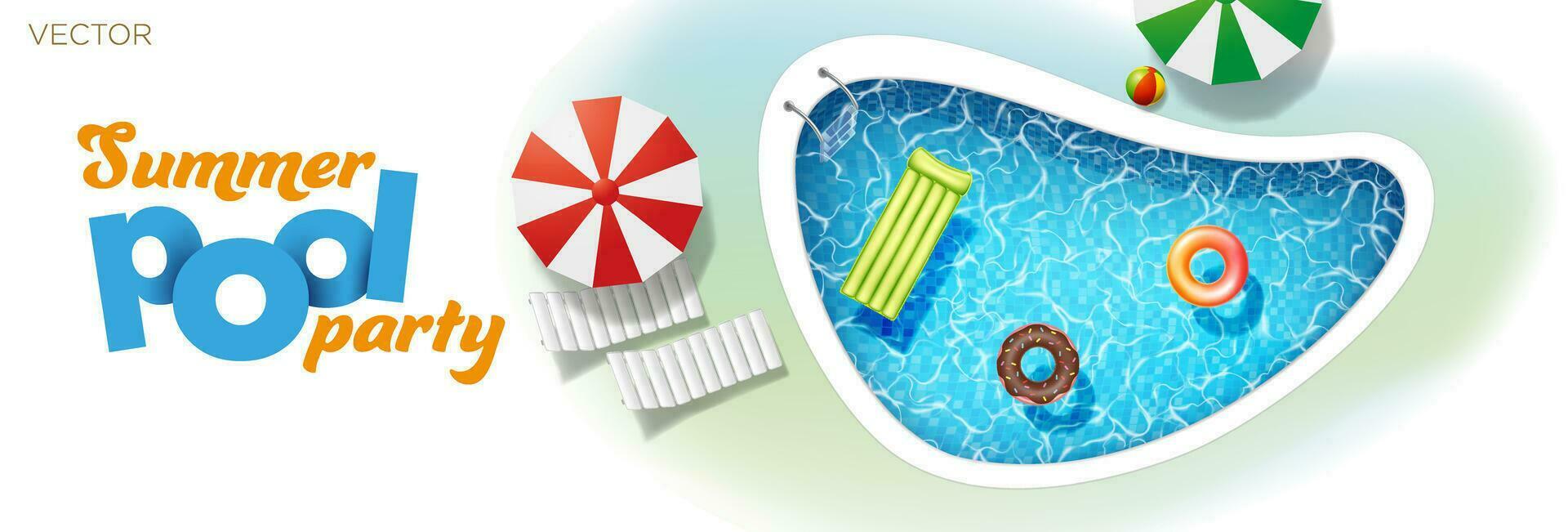 opblaasbaar matras bal en zwembad ringen in zwemmen zwembad zonnebank paraplu. poster sjabloon voor zomer vakantie. zomer zwembad feest. vlak stijl vector illustratie