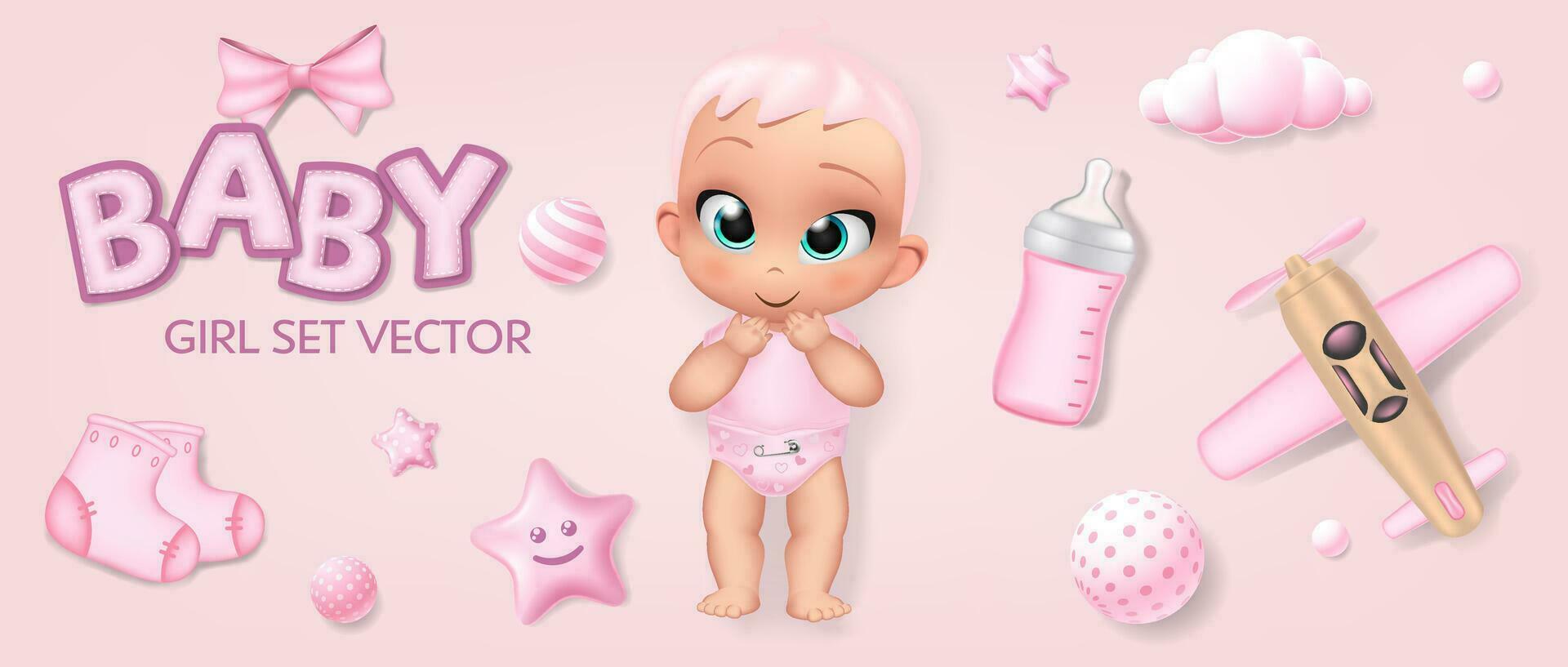 hand- getrokken baby meisje set. tekenfilm pop geïsoleerd Aan roze achtergrond, lint boog voeden fles, slofjes, speelgoed- vliegtuig, ornament ballen, wolk realistisch vector illustratie