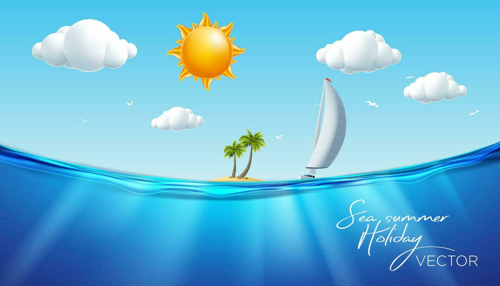 vakantie eiland, zomer, palm, strand, zee, Golf, jacht, zeilboot, zon, wolk, tekenfilm vector