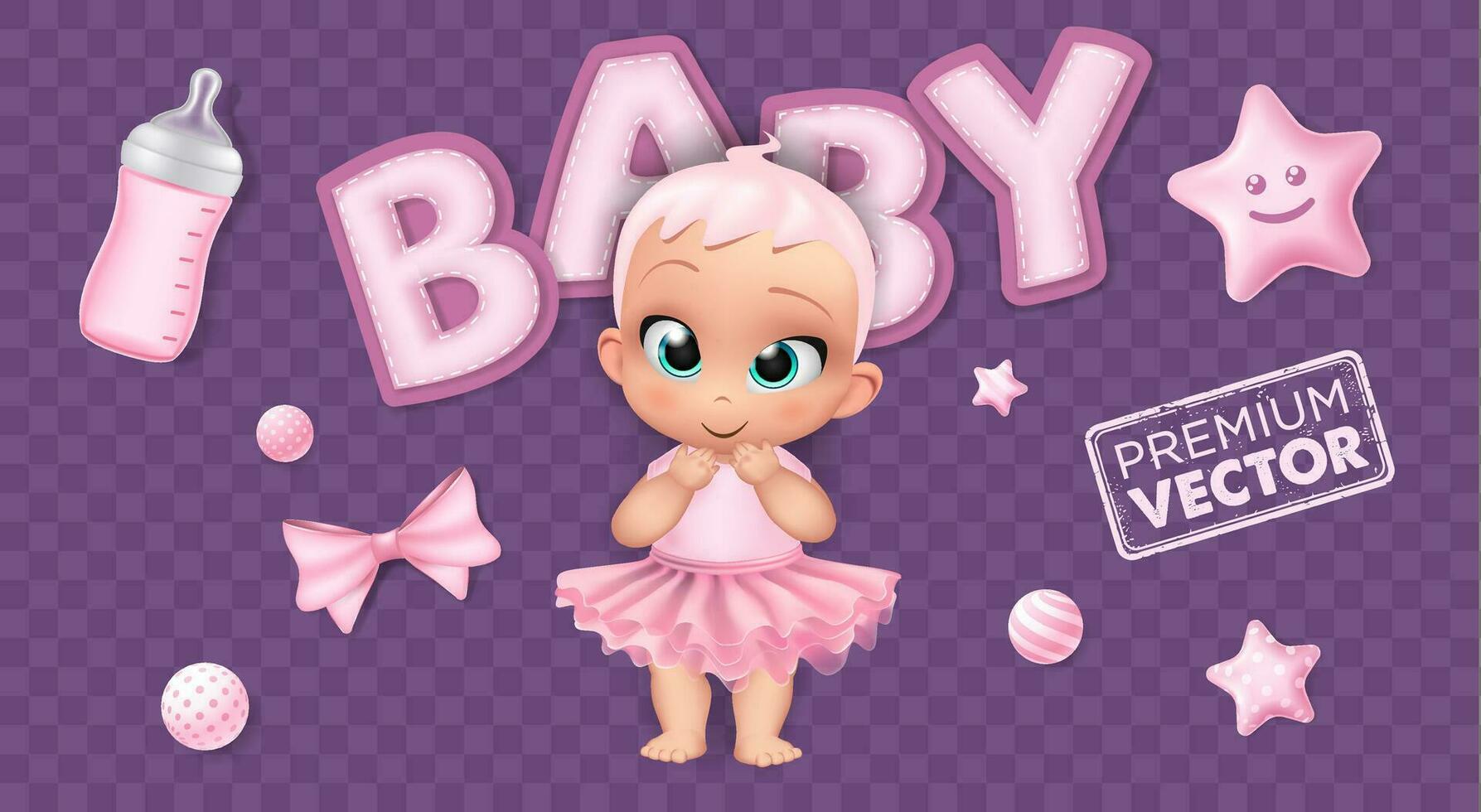 hand- getrokken premie baby meisje pop set. roze geïsoleerd tekenfilm pop, voeden fles, ballen realistisch vector illustratie