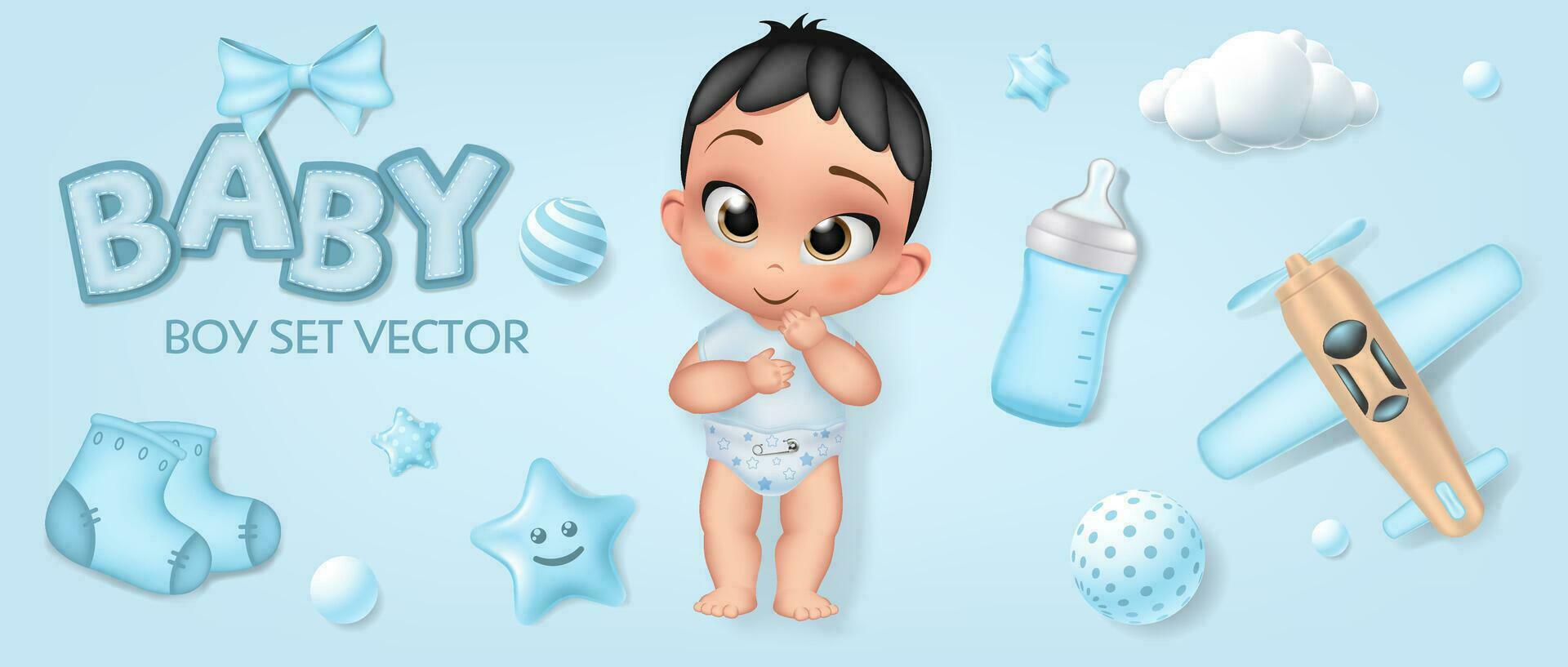 hand- getrokken baby jongen set. tekenfilm pop geïsoleerd Aan blauw achtergrond, lint boog voeden fles, slofjes, speelgoed- vliegtuig, ornament ballen, wolk realistisch vector illustratie