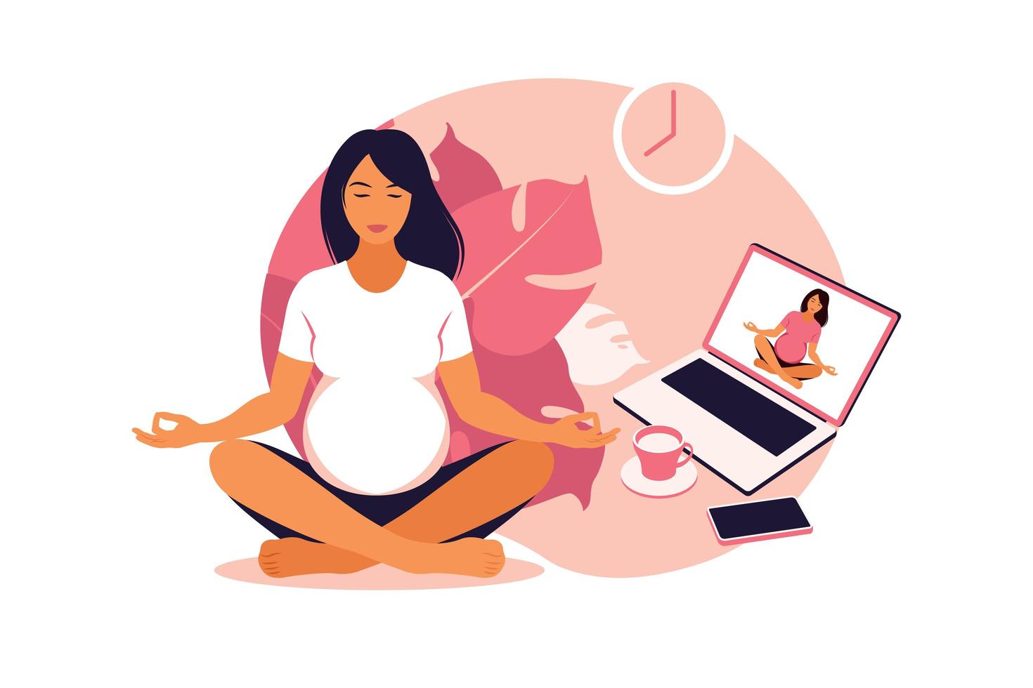 zwangere vrouwen die online yoga en meditatie beoefenen. wellness en een gezonde levensstijl tijdens de zwangerschap. vectorillustratie. vlak vector