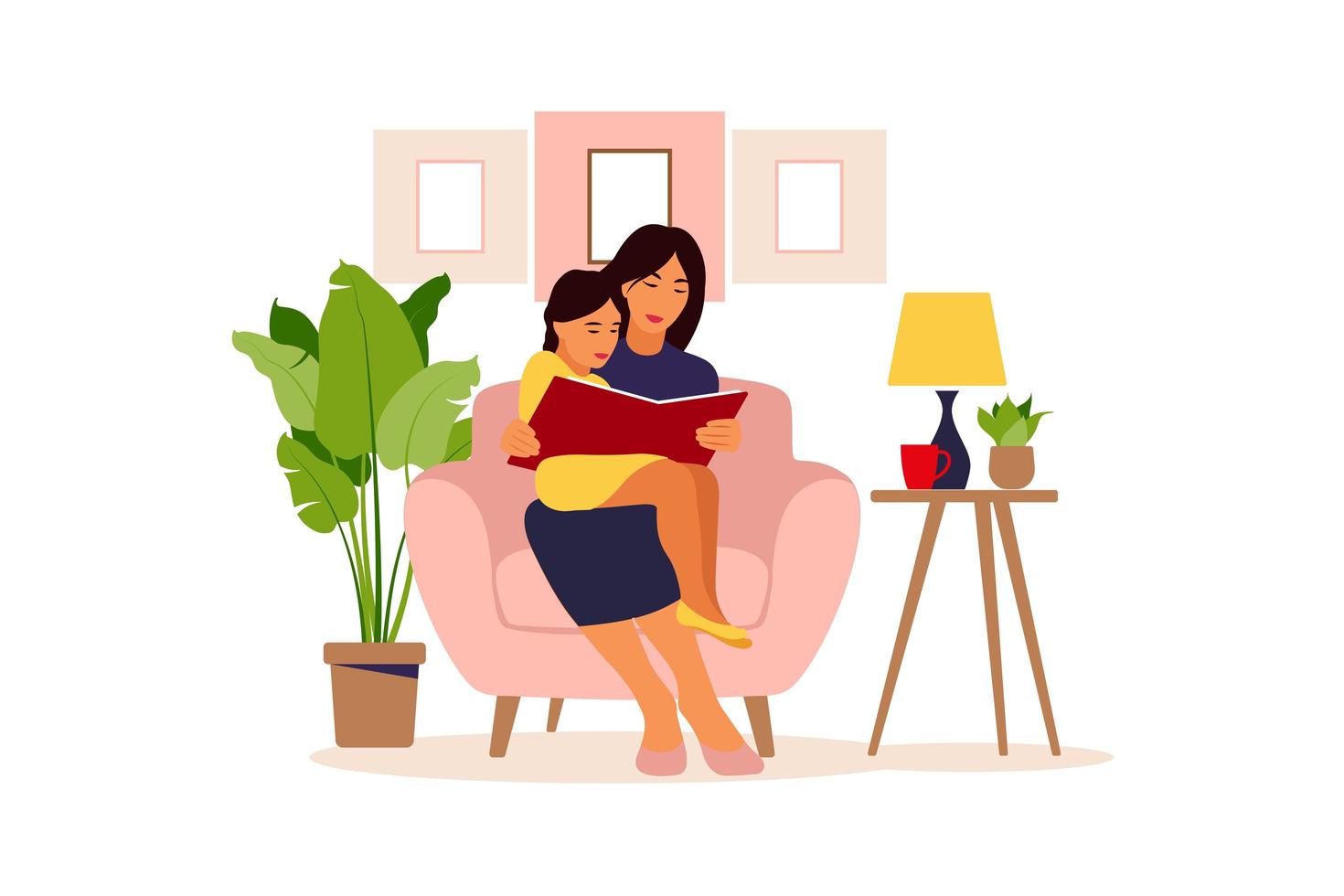 moeder lezen voor dochter zittend op de bank met boek. vectorillustratie van een plat ontwerp. vector