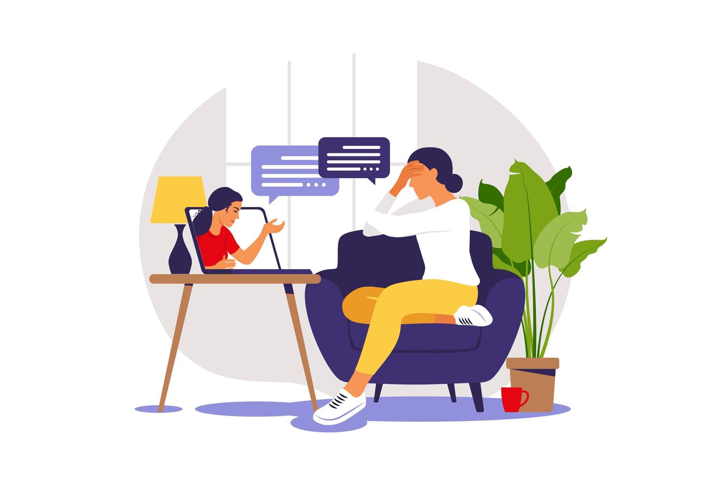 online therapie en counseling onder stress en depressie. jonge vrouw psychotherapeut ondersteunt vrouwen met psychische problemen. vector illustratie