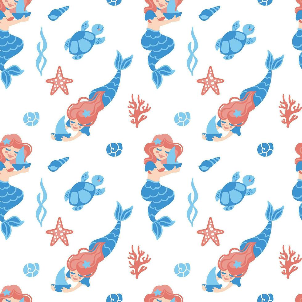 schattig zeemeerminnen Aan de oceaan. fantasie afdrukken voor klein meisjes. naadloos patroon. vector