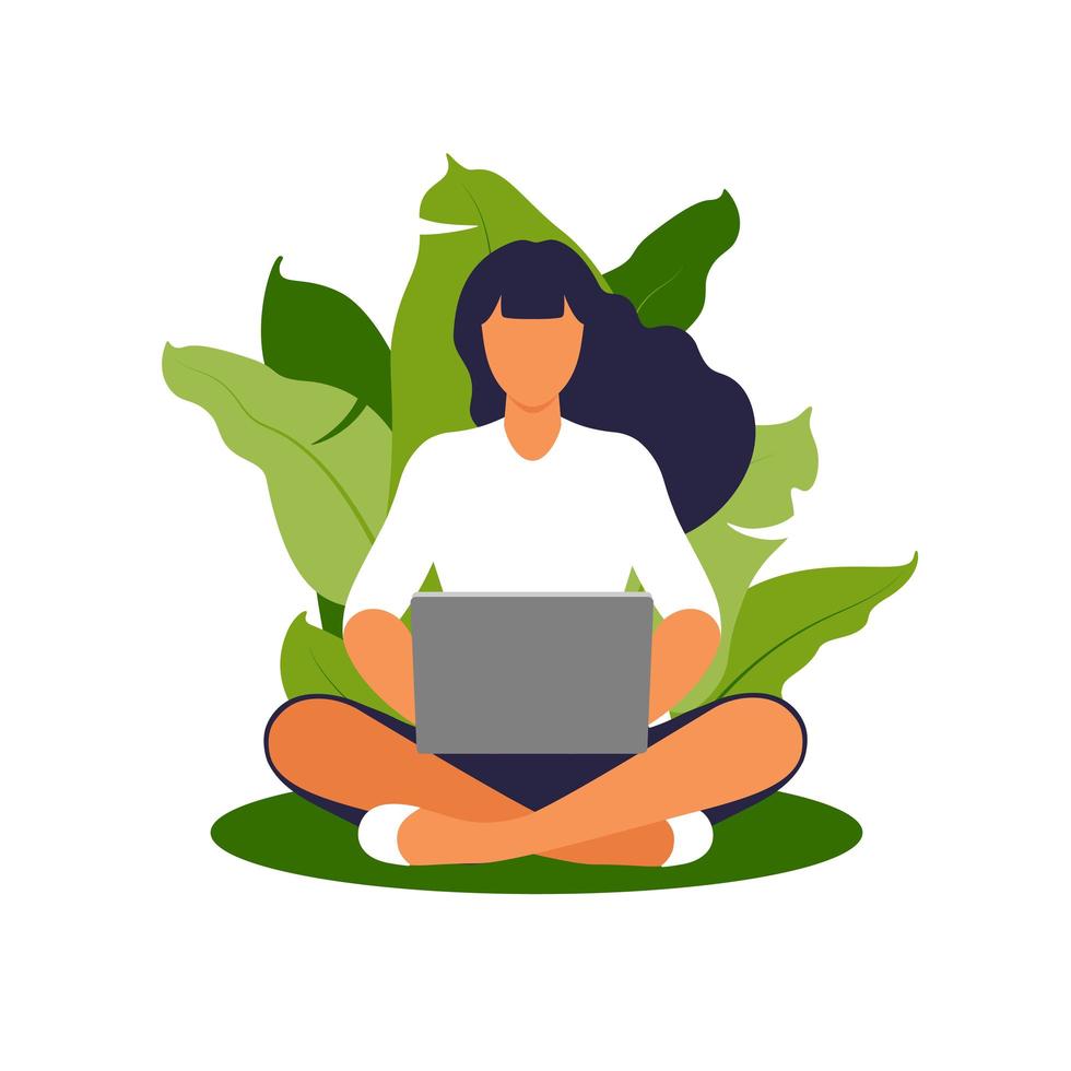 vrouw met laptop zitten in de natuur en bladeren. concept illustratie voor werken, freelancen, studeren, onderwijs, thuiswerken. vectorillustratie in platte cartoonstijl vector