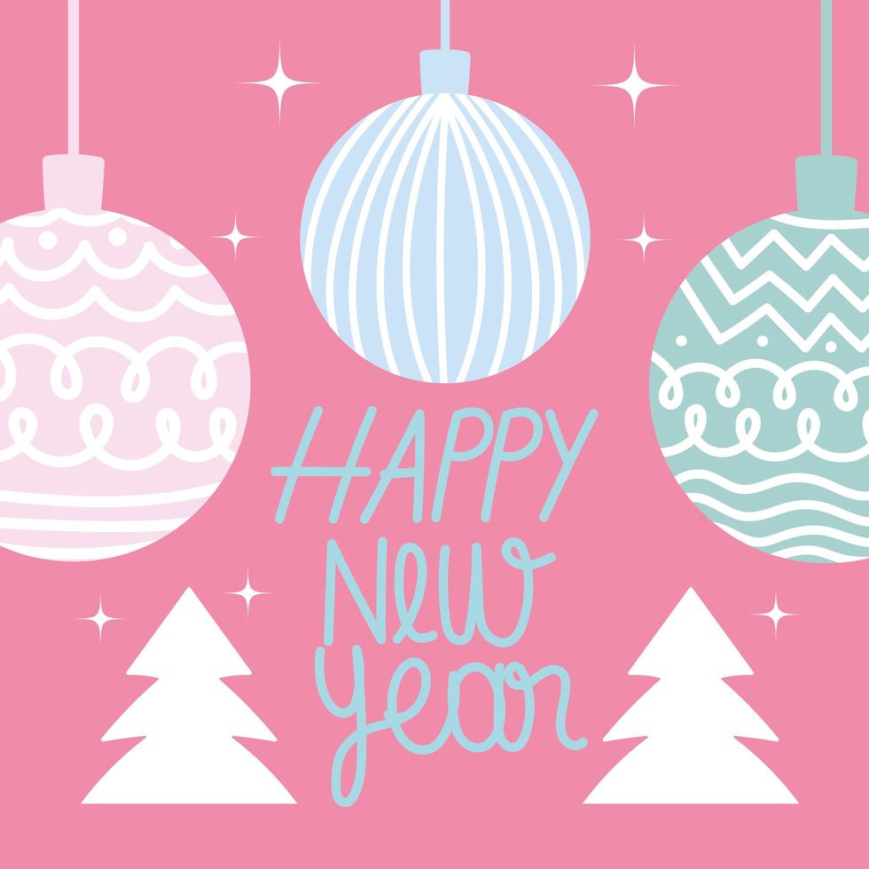 gelukkig nieuwjaar schattig ornament en bomen op roze achtergrond vector