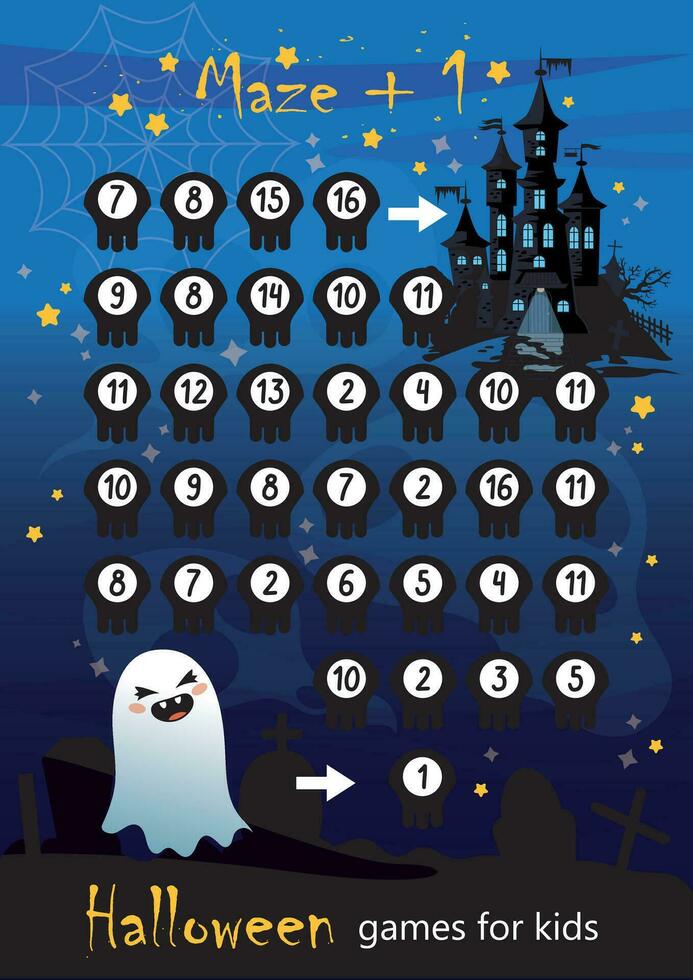 halloween set, puzzel voor kinderen. wiskunde doolhof, vind de getallen van 1 naar 10, helpen de geest krijgen naar de kasteel. de ontwikkeling van logica, tellen en aandacht in kleuters. vector