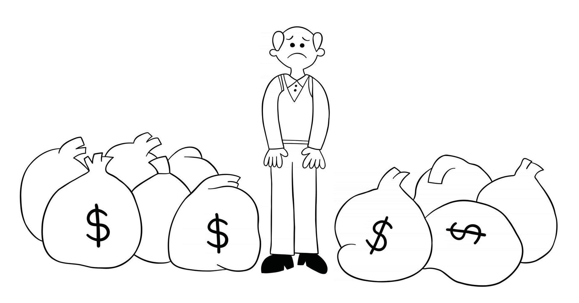 cartoon oude man heeft veel geld, maar hij is ongelukkig vectorillustratie vector