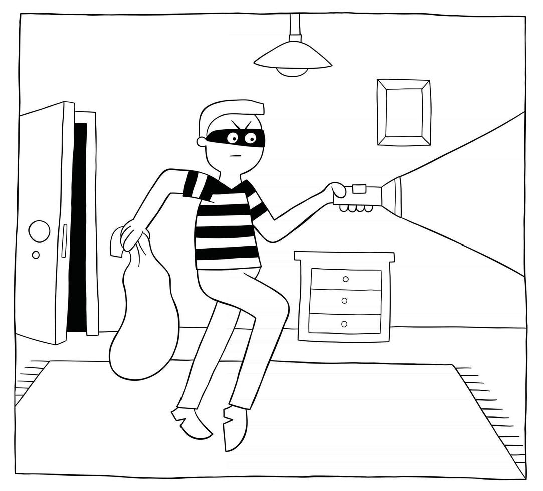 cartoon dief man in het huis 's nachts en loopt met een zaklamp vectorillustratie vector