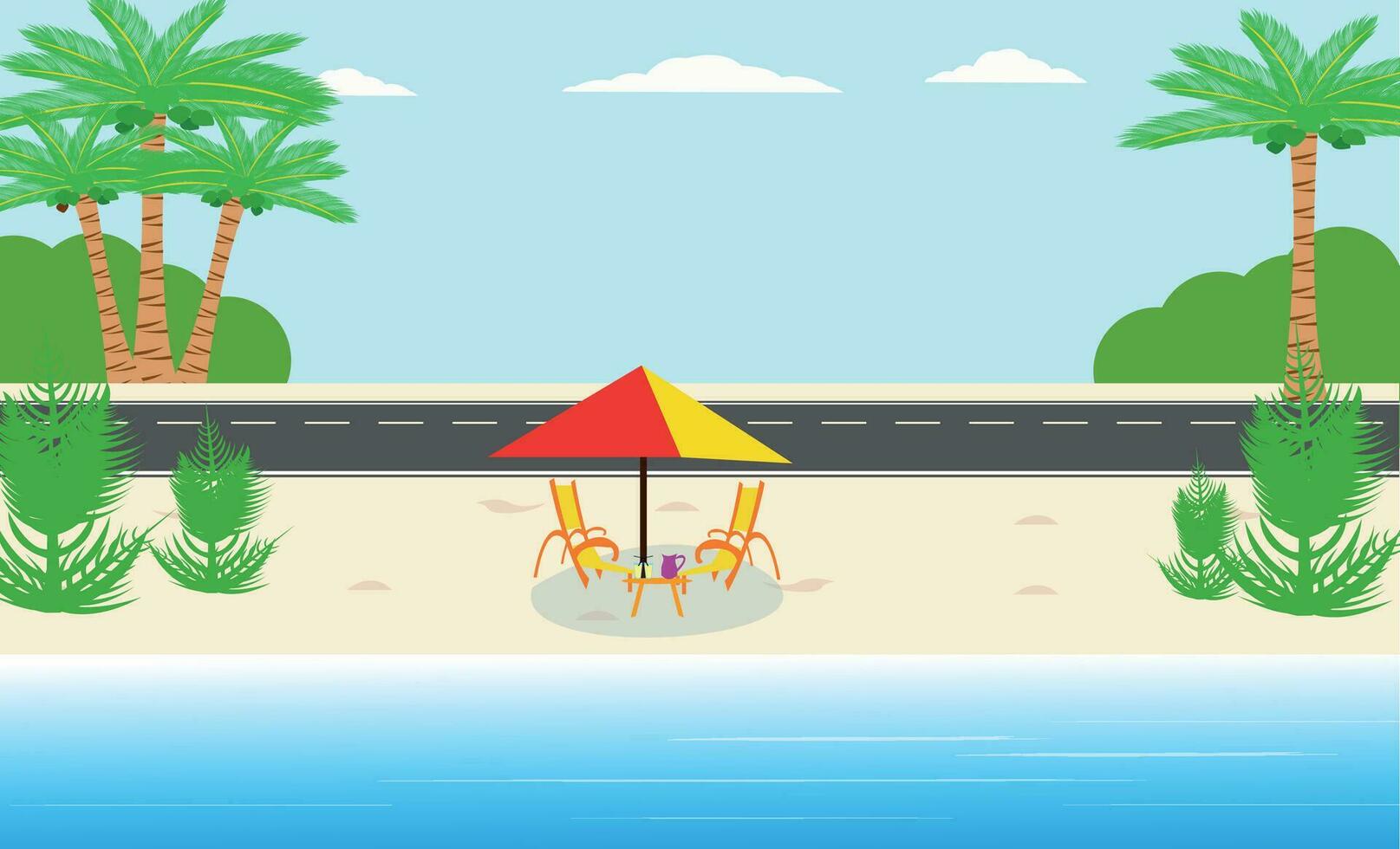 reeks van zomer vakantie vector illustratie paradijs strand tropisch strand, paraplu weg en auto's, toevlucht berg en kokosnoot bomen.