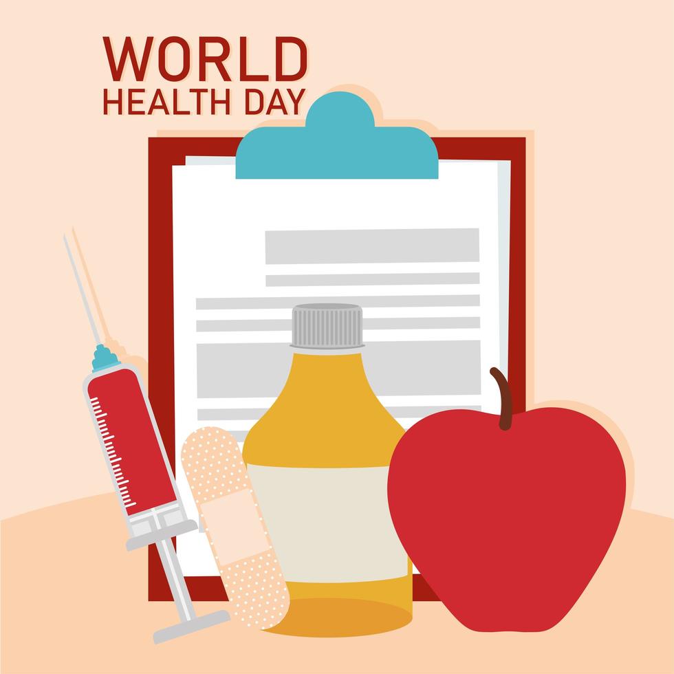 belettering van de wereldgezondheidsdag en een bundel gezonde pictogrammen vector