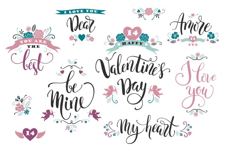 Fijne Valentijnsdag. Set hand getrokken inscripties. vector