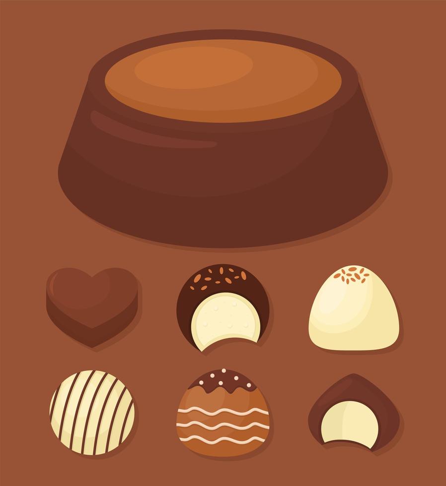 zeven zoete chocolaatjes vector