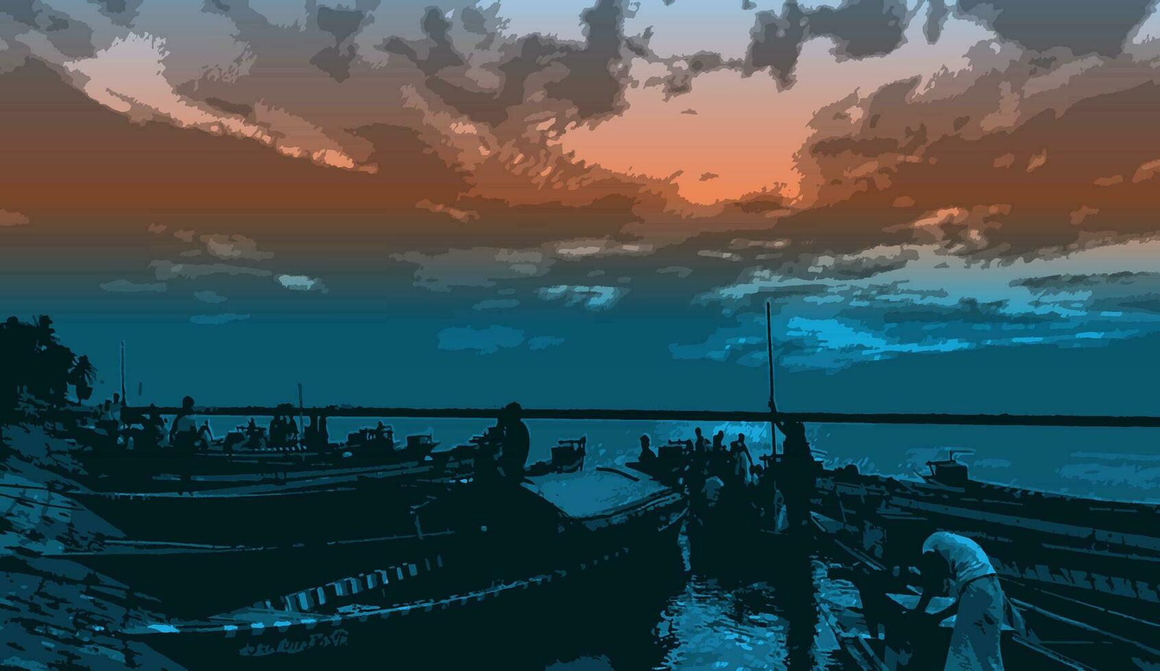 een schilderij van boten Aan de water, zonsondergang over- de rivier- met boot vector wijnoogst kunst ontwerp