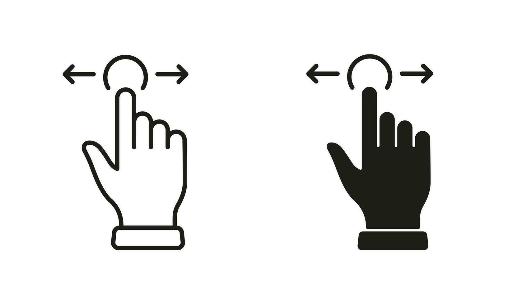 vegen gebaar naar Rechtsaf en links, hand- cursor van computer muis lijn en silhouet zwart icoon set. wijzer vinger pictogram. Klik, druk op, aanraken, kraan symbool verzameling. geïsoleerd vector illustratie.