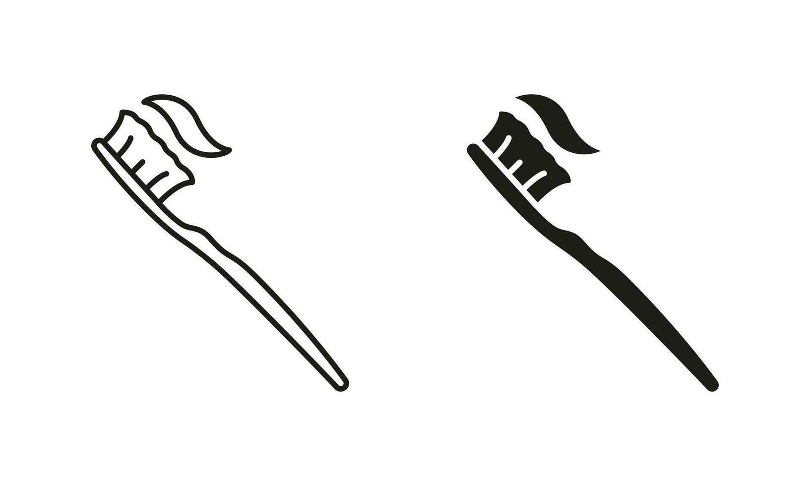 tandpasta en tandenborstel lijn en silhouet icoon set. mondeling hygiënisch gereedschap teken. tand zorg uitrusting zwart pictogram verzameling. tandheelkundig dagelijks hygiëne medeplichtig symbool. geïsoleerd vector illustratie.