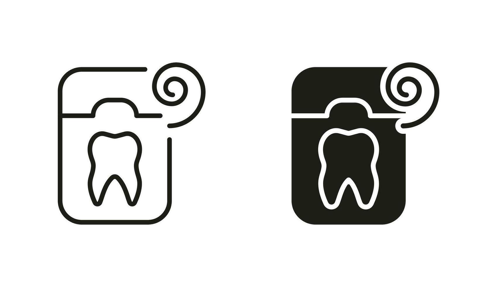 tandheelkundig floss lijn en silhouet pictogrammen set. mondeling geneeskunde teken. tandheelkunde behandeling, tand hygiëne symbool. tanden zorg apparatuur, schoon mond zwart pictogram verzameling. geïsoleerd vector illustratie.