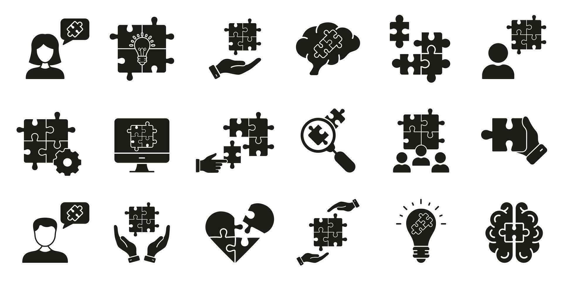 bedrijf samenwerking, team beheer silhouet symbool verzameling. ontmoeting, medewerking, samenspel solide pictogram. decoupeerzaag puzzel glyph icoon set. strategie ontwikkeling. geïsoleerd vector illustratie.