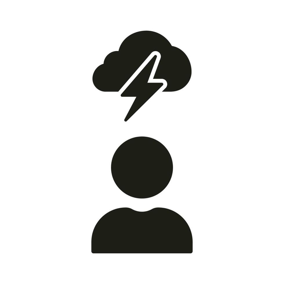 creatief denken silhouet icoon. strategie, creativiteit glyph pictogram. Mens brainstormen, vind oplossing solide teken. persoon met donder storm bliksem wolk symbool. geïsoleerd vector illustratie.