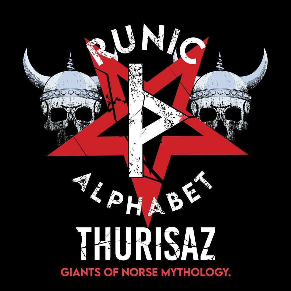 runen- alfabet t-shirt ontwerp met ster en twee viking schedels. runen- brief gebeld thurisaz groot en wit. vector