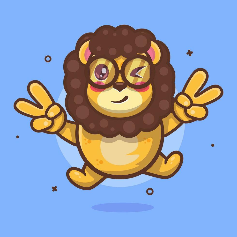 schattig leeuw dier karakter mascotte met vrede teken hand- gebaar geïsoleerd tekenfilm in vlak stijl ontwerp vector